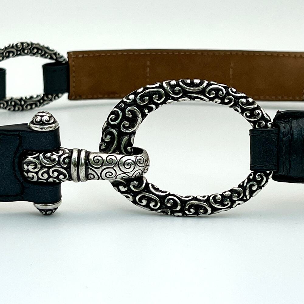 Brighton Gray Leather Belt Womens 38 Oval Ring Hook Closure Classic Style Silver